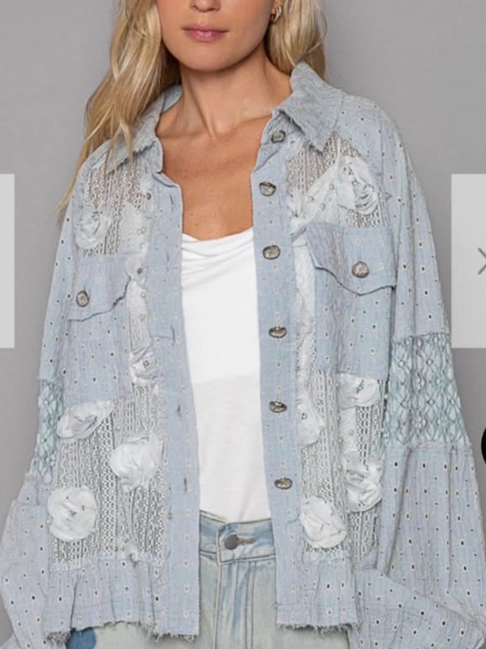 POL Pale Blue Eyelet Jacket with Floral Rosettes